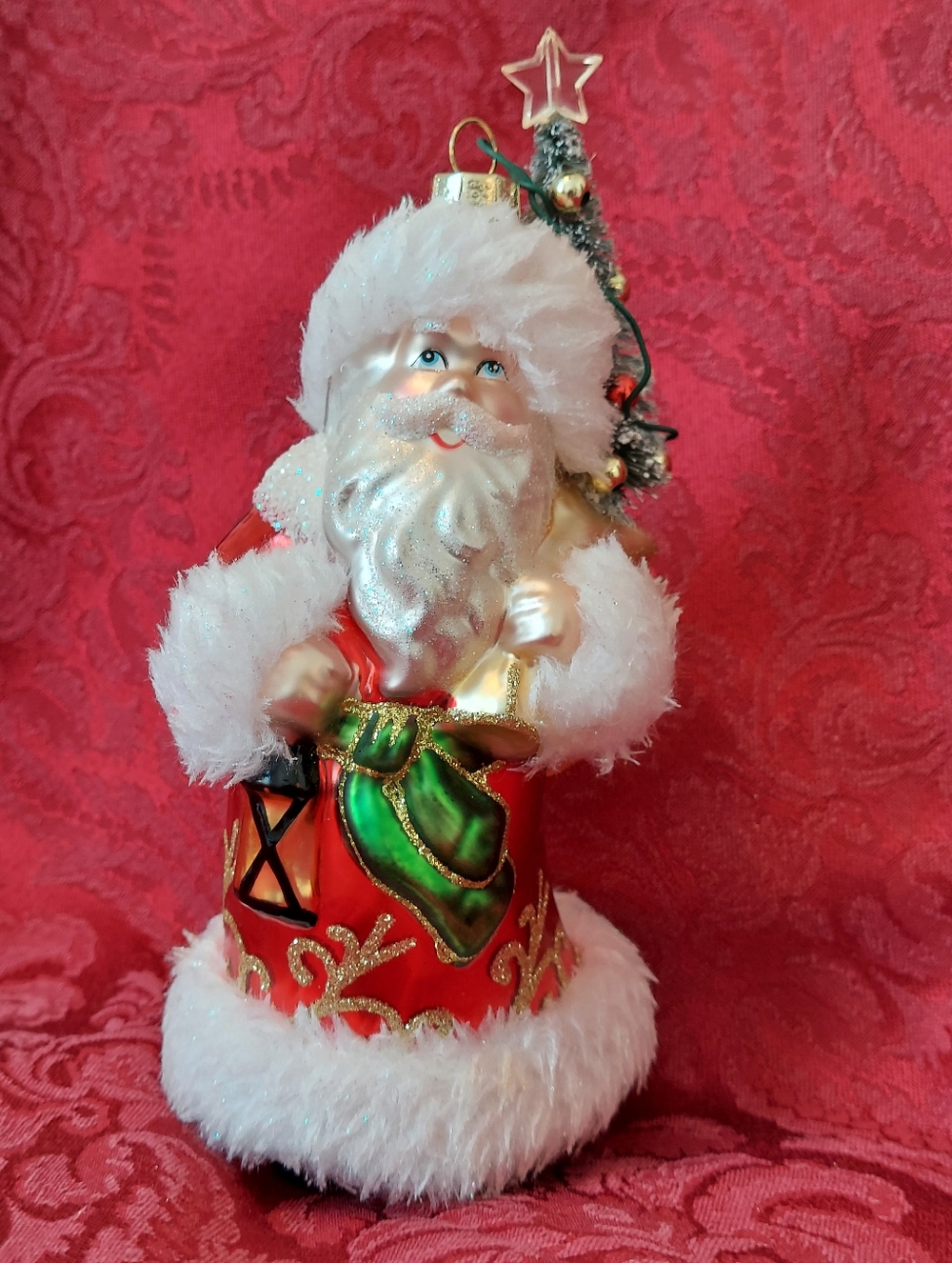 Santa W/ Tree Glass Christmas Ornament
